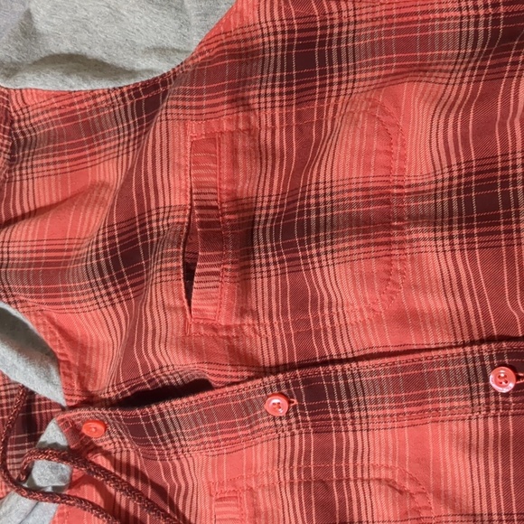 North Face Red Flannel Jacket Gray Sleeves Button Up Women’s S Small Hood - Picture 7 of 8